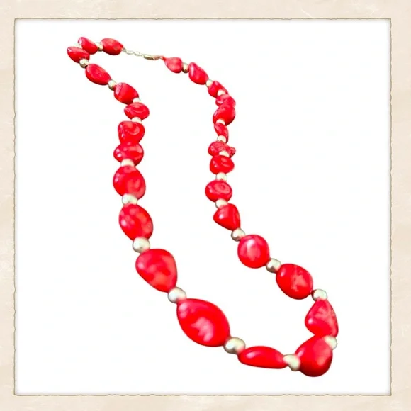 Vintage Textured Red Coral  Colored Glass Beaded Necklace w/ Silver Detail, 18” - Picture 5 of 7